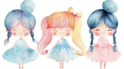Three charmingly illustrated little girls, each with a unique hairstyle and colorful outfit, are depicted in a warm watercolor style.