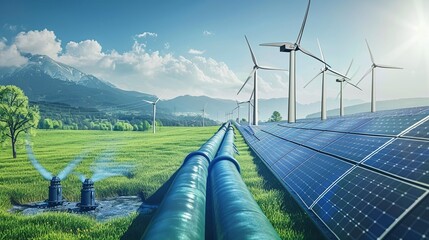 eco-friendly approach to hydrogen production with a pipeline system integrated into the landscape with wind turbines and solar panels contributing to renewable energy generation