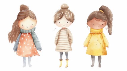 Three charmingly illustrated little girls, each with a unique hairstyle and colorful outfit, are depicted in a warm watercolor style.