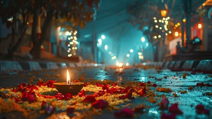 happy diwali festival celebration with oil lamp on street at night, traditional rangoli background for diwali greeting card