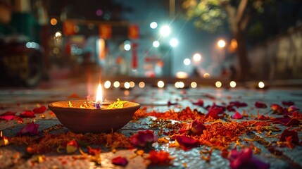 traditional diwali festival celebration with lit diya lamp on street at night, diwali holiday background with colorful rangoli design