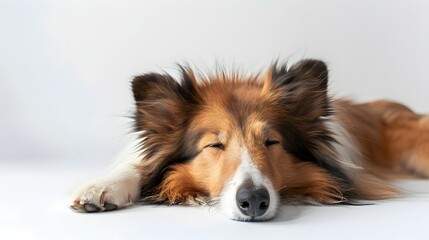 Rough collie dog relaxing with face down on the studio floor
