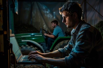 Fototapeta na wymiar Side View of a Young Man with Short Brown Hair Using Laptop Next to Green Tractor with Male Farmer Inside During Evening