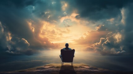 A lonely man sits in a chair in a fantasy landscape with a shining cloudy sky. - obrazy, fototapety, plakaty