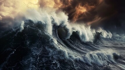dark stormy sky over the ocean as massive tsunami waves surge, depicting the perfect storm's wrath