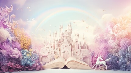 Obraz na płótnie Canvas Fairytale Fantasy Frames, a magical frame adorned with fairytale motifs like castles, dragons, and unicorns on a storybook background, framing storybook illustrations.