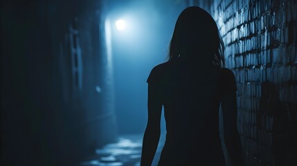 Silhouette of a young woman walking home alone at night , scared of stalker and being assault ,...