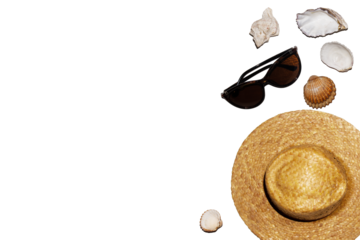 Hat, sunglasses, seashells.on a blank background. PNG