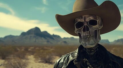 Skeleton cowboy with hat and desert background