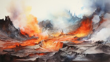 Generative AI Volcanic landscapes with lava flows. aquarelle