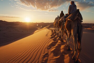 Tourists on Dromedary Camels Traversing the Sahara Desert at Sunset with Tour Guide Leading the Way