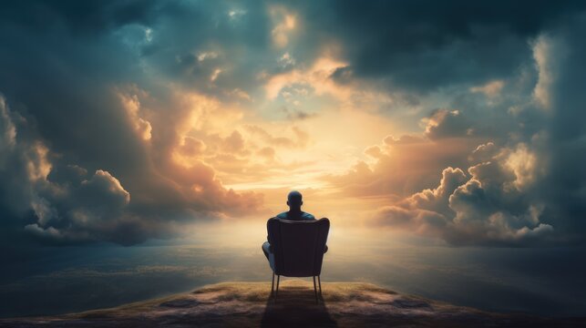 A lonely man sits in a chair in a fantasy landscape with a shining cloudy sky.