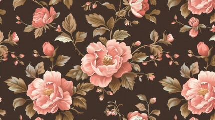 vintage wallpaper featuring a seamless pattern of pink flowers - obrazy, fototapety, plakaty