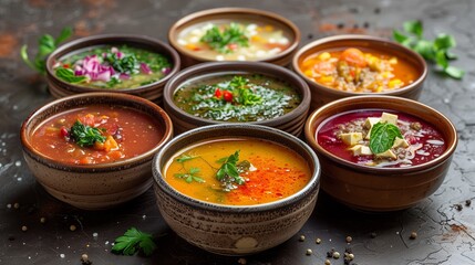 Various soups with different ingredients and recipes in bowls - obrazy, fototapety, plakaty