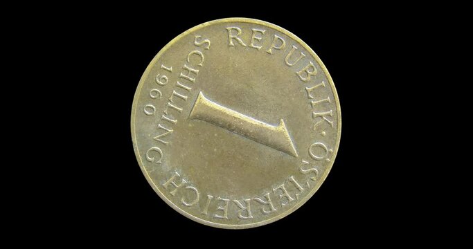 Reverse of Austria pre-euro coin 1 schilling 1960, isolated in black background. Animation in 4k resolution video.