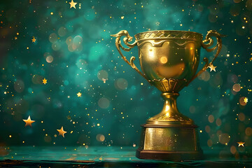 Gold trophy cup gleams with pride as it takes center stage against a vibrant green background adorned with twinkling stars. - obrazy, fototapety, plakaty