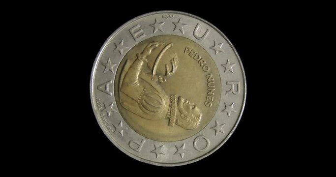 Obverse of Portugal coin 100 escudos 1991, isolated in black background. Animation in 4k resolution video.