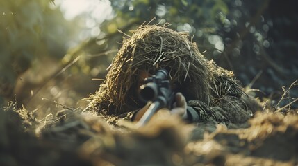 Special forces sniper soldier wearing ghillie suit laying on ground hiding with sniper gun - obrazy, fototapety, plakaty