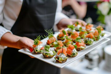 Elegant party appetizers: seafood and cheese canapes on a waiter's tray. - obrazy, fototapety, plakaty