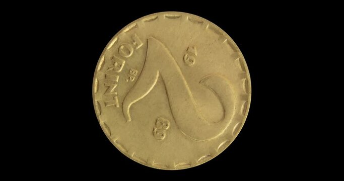 Reverse of old Hungary coin 2 forint 1989, isolated in black background. Animation in 4k resolution video.