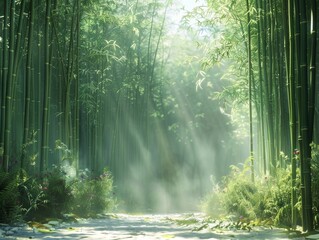 Minimalist bamboo forest, morning light filtering through, casting long shadows, evoking tranquility - obrazy, fototapety, plakaty