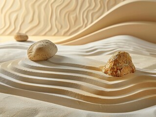 Fototapeta na wymiar Minimalist zen garden, raked sand patterns, tranquility and mindfulness