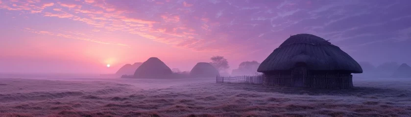 Fotobehang Neolithic village at dawn, the dawn of human settlement and culture © AlexCaelus