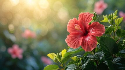 Backlighting on blooming red hibiscus flower with green blurry leaves background, shone by morning sunlight - obrazy, fototapety, plakaty