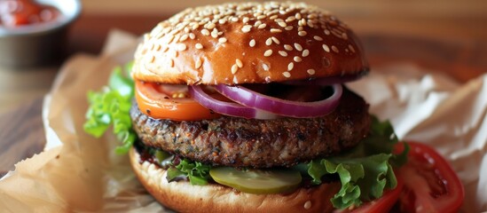 A vegan burger featuring a plant-based patty topped with sliced onions, crisp lettuce, ripe tomato, and sesame seeds on a soft bun.