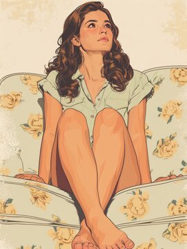 a gorgeous young woman sitting barefoot in her sofa, minimal and elegant, cozy and sensual, retro style, 1980s, Retro illustration, Riso print, Jet powers, magazine, Full-body, Vintage paint