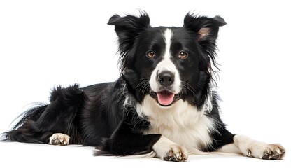 Border Collie lying in front of white background and looking at camera