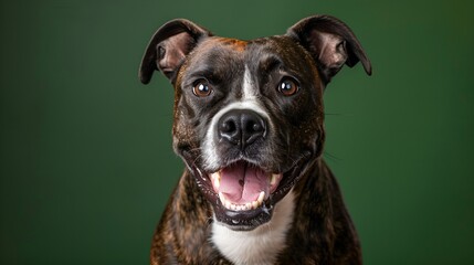 Close-up portrait of a staffordshire bull terrier on green background - obrazy, fototapety, plakaty