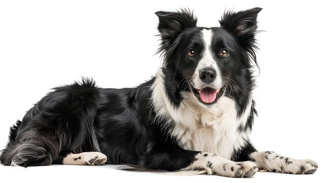 Border Collie lying in front of white background, isolated on white
