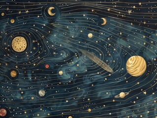 Solar system portrayed in Art Nouveau style, elegant lines weaving through celestial bodies