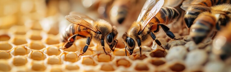 Honey bees sitting on honeycomb, closeup macro shot. beekeeping conception - obrazy, fototapety, plakaty