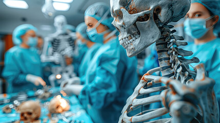 Group of Doctors in Blue Scrubs and Skeleton Costumes