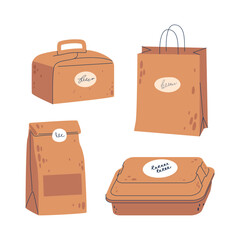 Disposable Paper Packages, Boxes And Bags, Eco-friendly Containers, Made From Recyclable Paper, Vector Illustration