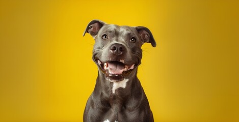 Cute pit bull dog on a yellow background. Studio shot.