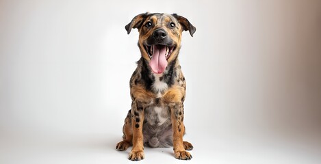 Cute mixed breed dog sitting and yawning on gray background. - obrazy, fototapety, plakaty