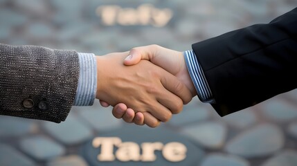 Trust concept image with two businessman handshake and trust word sign in background