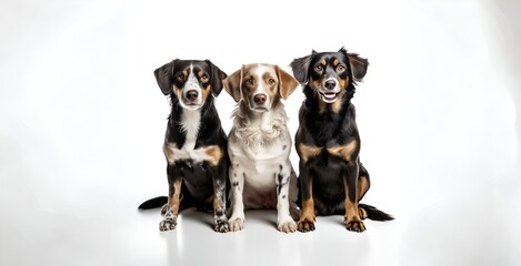 Group of three dogs sitting and looking at camera isolated on white background