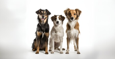 Group of three mixed breed dogs sitting and looking at the camera isolated on white background