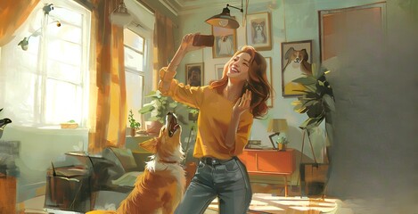Happy woman taking a selfie with her dog at home. Concept of happy life.