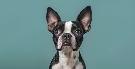 Portrait of a black and white Boston Terrier dog looking at the camera on a blue background