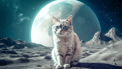 Lonely brave cat walks on the moon, space cat - obrazy, fototapety, plakaty