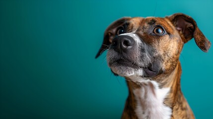 Portrait of a dog on a blue background. Close-up.