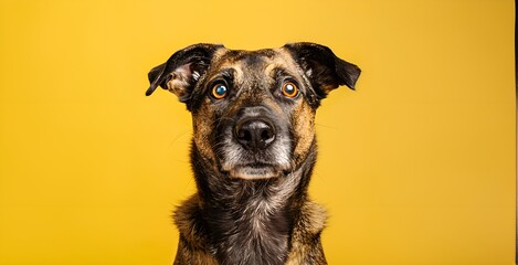 Portrait of a mixed breed dog looking at the camera on a yellow background - obrazy, fototapety, plakaty
