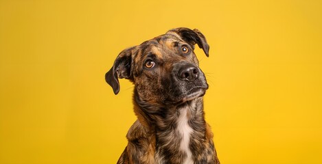 Portrait of a mixed breed dog on a yellow background. Studio shot. - obrazy, fototapety, plakaty