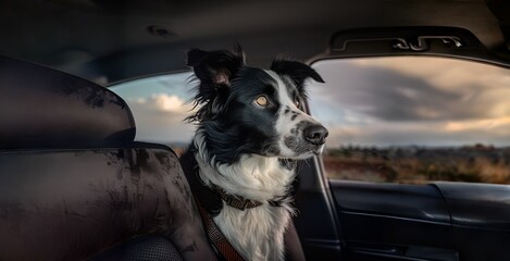 Portrait of border collie dog sitting in the car. Pet travel concept.