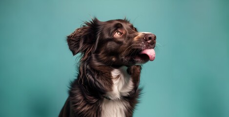 Portrait of border collie dog with tongue out on blue background